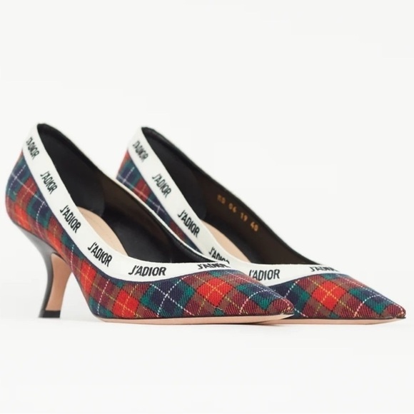Dior J’adior Tartan Plaid Print Pointed Toe Red Green Kitten Heel Pumps - Picture 1 of 4